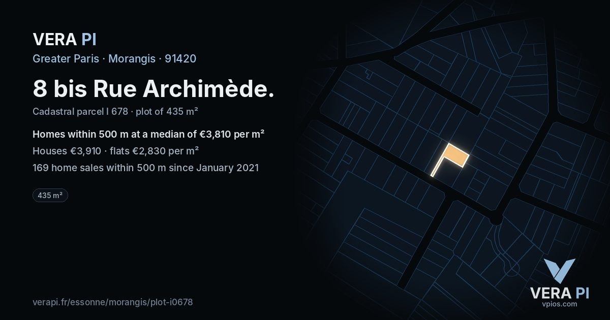 8 bis Rue Archimède, Morangis at night – the plot lit, the parcels around coloured by the prices near them