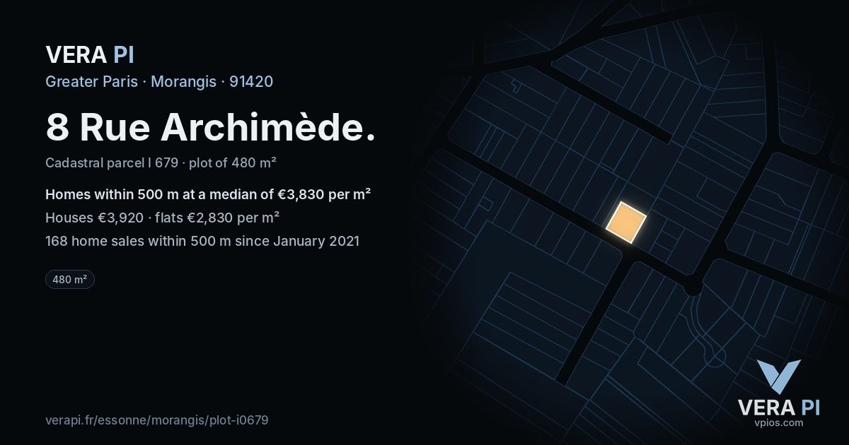 8 Rue Archimède, Morangis at night – the plot lit, the parcels around coloured by the prices near them