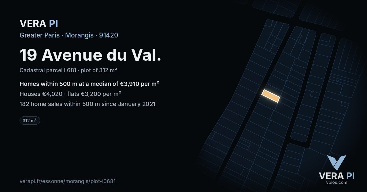 19 Avenue du Val, Morangis at night – the plot lit, the parcels around coloured by the prices near them