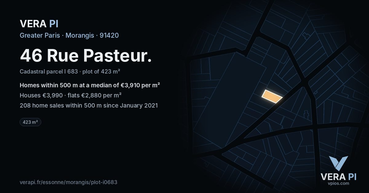 46 Rue Pasteur, Morangis at night – the plot lit, the parcels around coloured by the prices near them