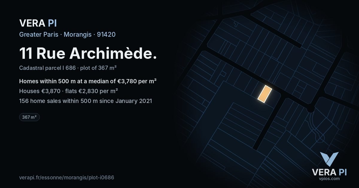11 Rue Archimède, Morangis at night – the plot lit, the parcels around coloured by the prices near them