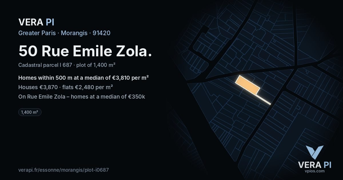 50 Rue Emile Zola, Morangis at night – the plot lit, the parcels around coloured by the prices near them