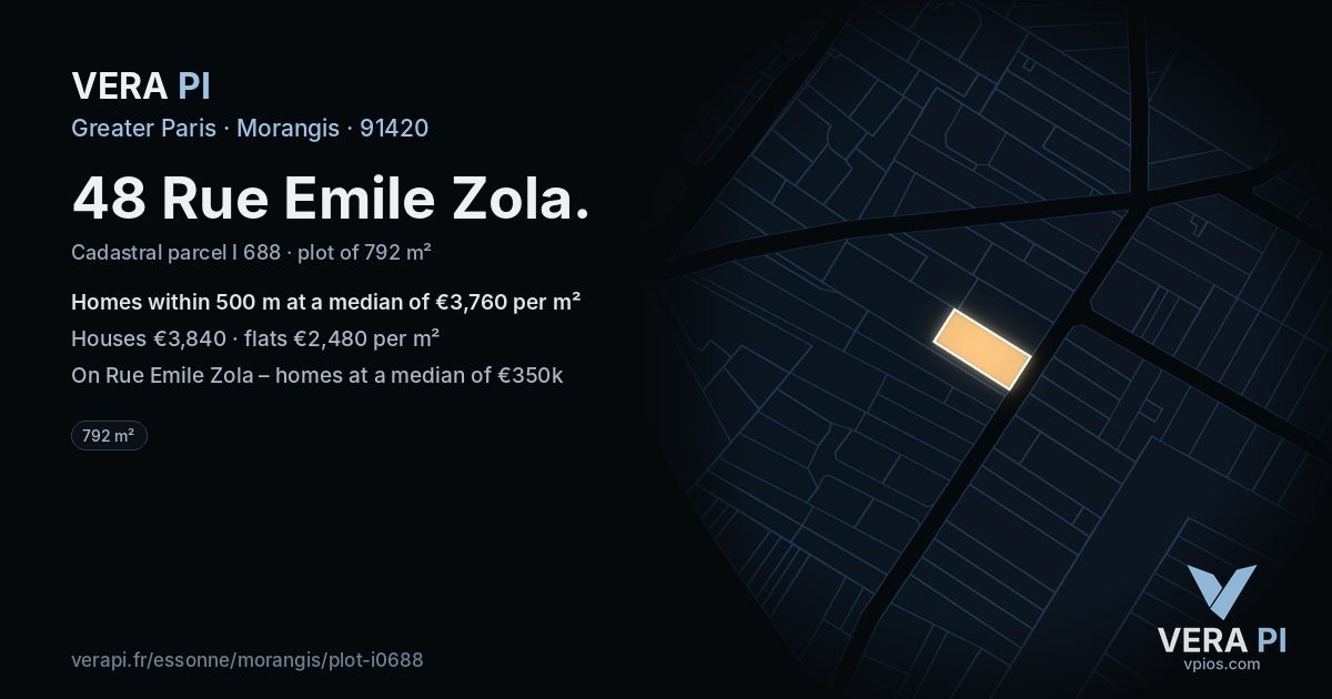 48 Rue Emile Zola, Morangis at night – the plot lit, the parcels around coloured by the prices near them