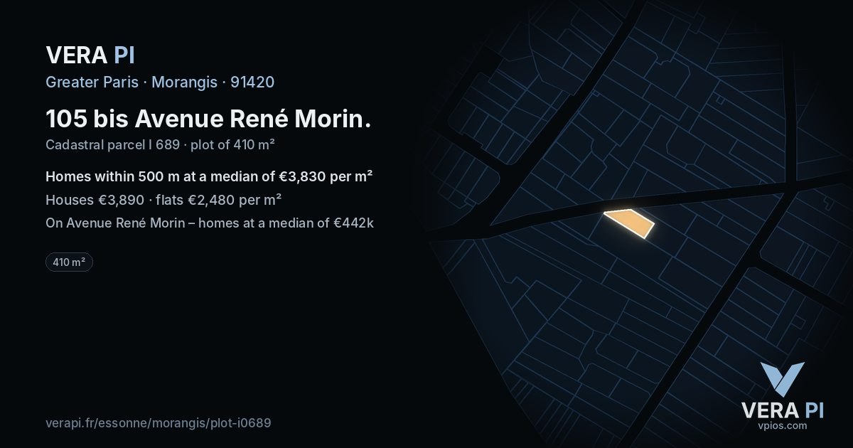 105 bis Avenue René Morin, Morangis at night – the plot lit, the parcels around coloured by the prices near them
