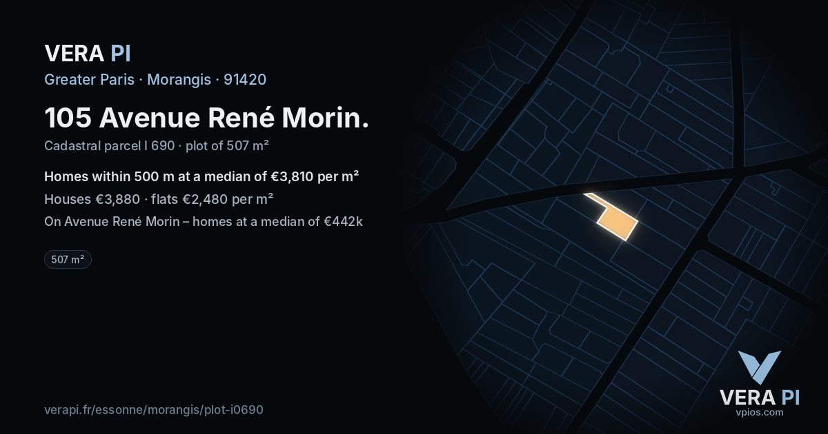105 Avenue René Morin, Morangis at night – the plot lit, the parcels around coloured by the prices near them