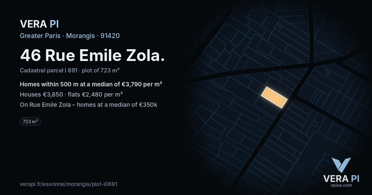 46 Rue Emile Zola, Morangis at night – the plot lit, the parcels around coloured by the prices near them