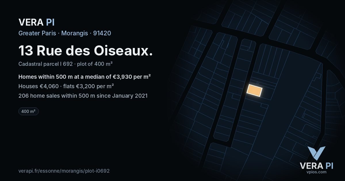 13 Rue des Oiseaux, Morangis at night – the plot lit, the parcels around coloured by the prices near them
