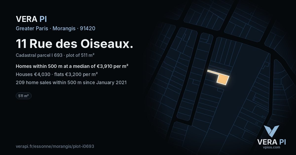 11 Rue des Oiseaux, Morangis at night – the plot lit, the parcels around coloured by the prices near them