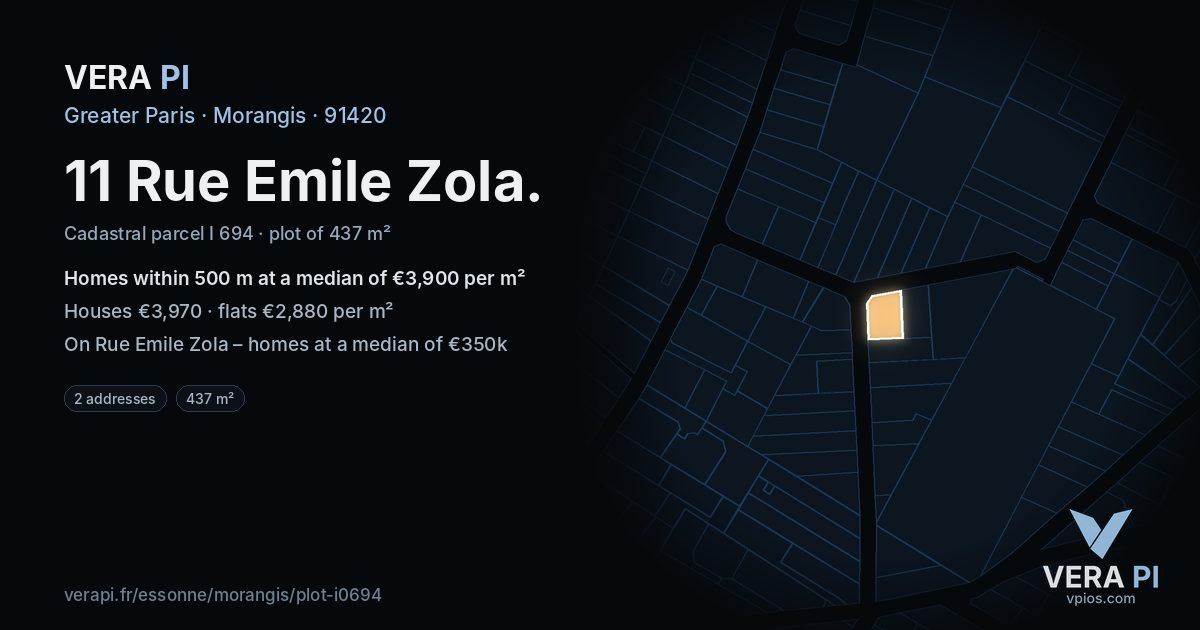 11 Rue Emile Zola, Morangis at night – the plot lit, the parcels around coloured by the prices near them