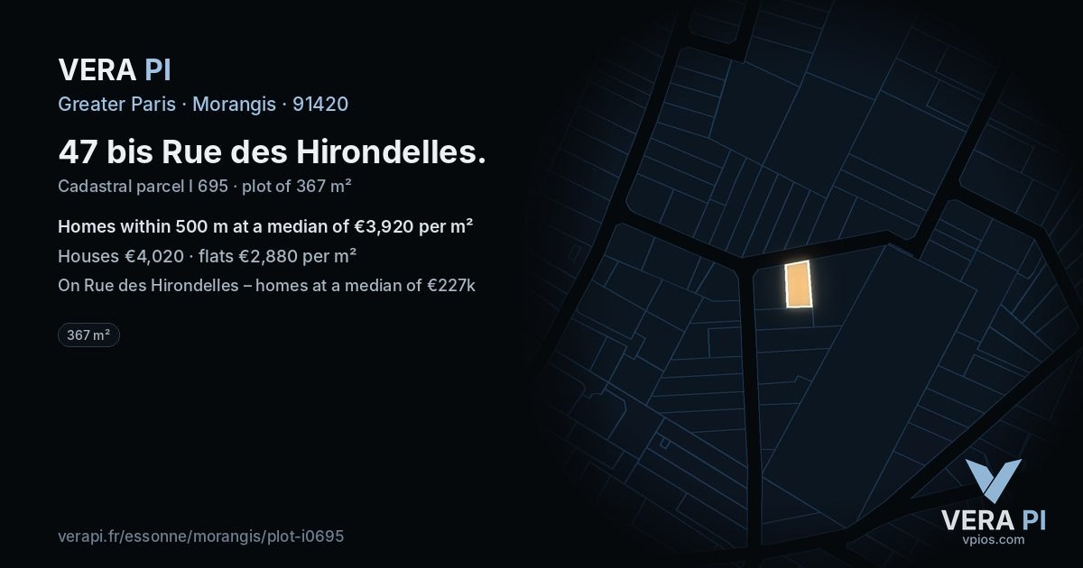 47 bis Rue des Hirondelles, Morangis at night – the plot lit, the parcels around coloured by the prices near them