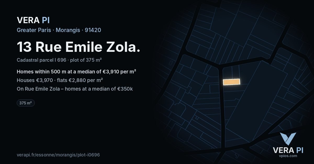 13 Rue Emile Zola, Morangis at night – the plot lit, the parcels around coloured by the prices near them