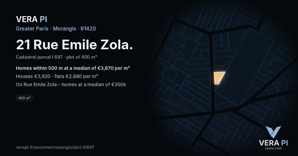 21 Rue Emile Zola, Morangis at night – the plot lit, the parcels around coloured by the prices near them