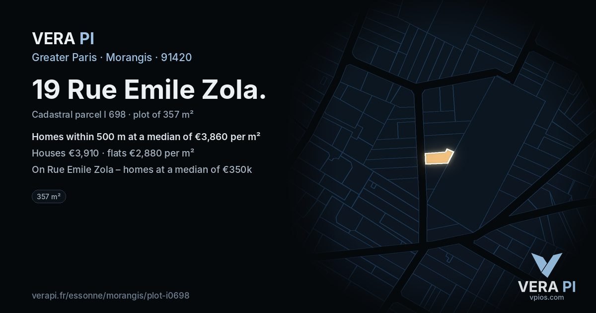 19 Rue Emile Zola, Morangis at night – the plot lit, the parcels around coloured by the prices near them