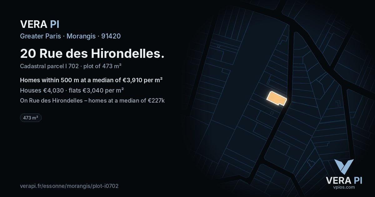 20 Rue des Hirondelles, Morangis at night – the plot lit, the parcels around coloured by the prices near them