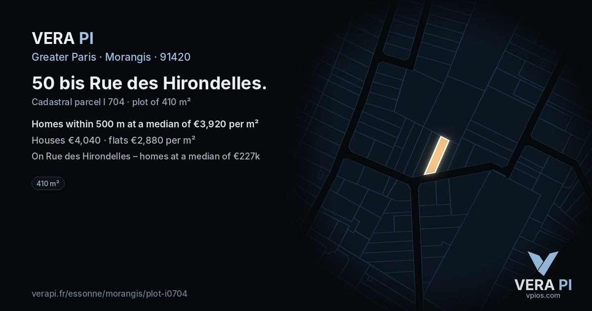 50 bis Rue des Hirondelles, Morangis at night – the plot lit, the parcels around coloured by the prices near them