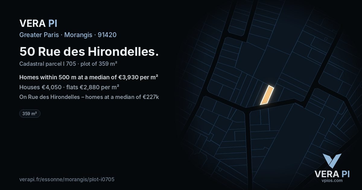 50 Rue des Hirondelles, Morangis at night – the plot lit, the parcels around coloured by the prices near them
