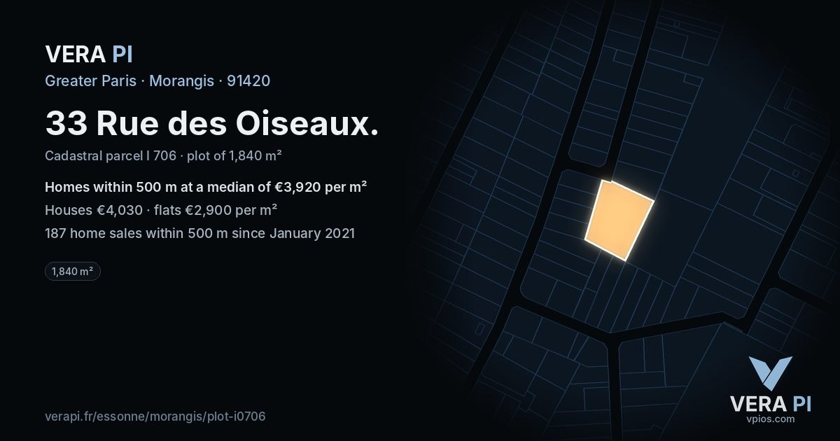 33 Rue des Oiseaux, Morangis at night – the plot lit, the parcels around coloured by the prices near them