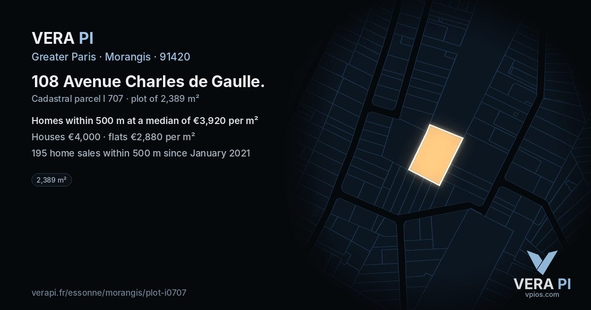 108 Avenue Charles de Gaulle, Morangis at night – the plot lit, the parcels around coloured by the prices near them