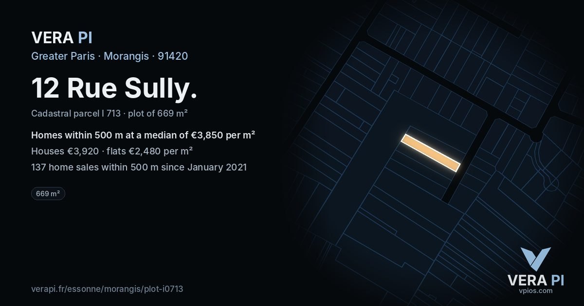 12 Rue Sully, Morangis at night – the plot lit, the parcels around coloured by the prices near them