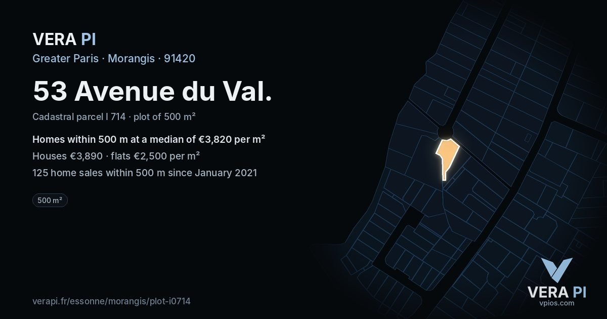 53 Avenue du Val, Morangis at night – the plot lit, the parcels around coloured by the prices near them