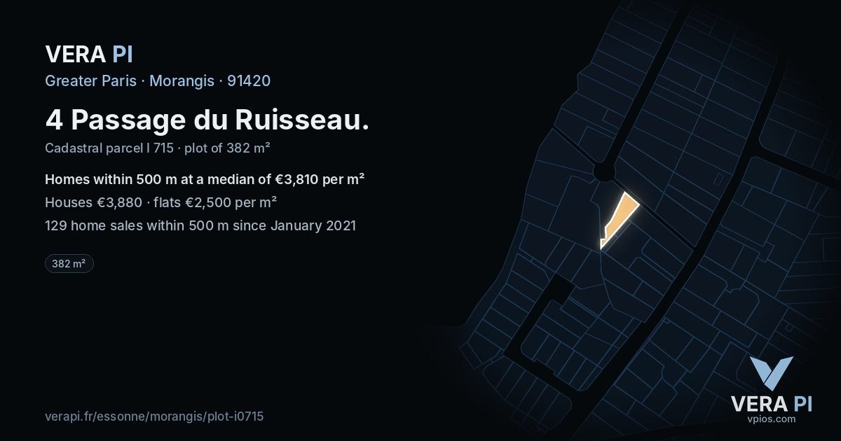 4 Passage du Ruisseau, Morangis at night – the plot lit, the parcels around coloured by the prices near them
