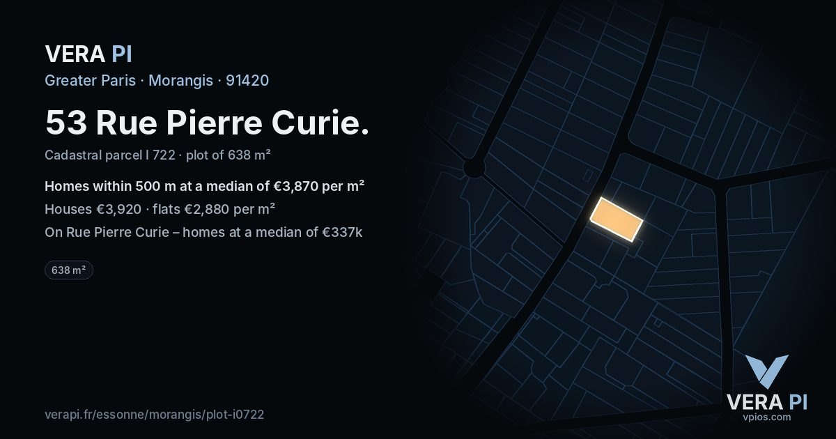 53 Rue Pierre Curie, Morangis at night – the plot lit, the parcels around coloured by the prices near them