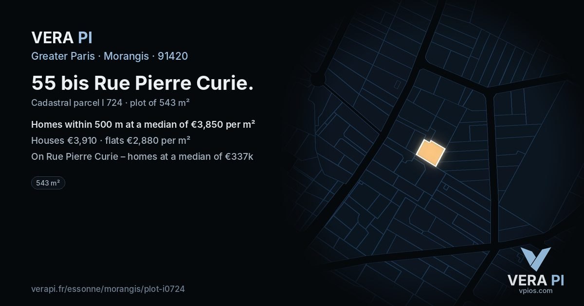 55 bis Rue Pierre Curie, Morangis at night – the plot lit, the parcels around coloured by the prices near them
