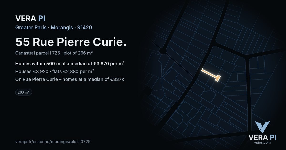 55 Rue Pierre Curie, Morangis at night – the plot lit, the parcels around coloured by the prices near them