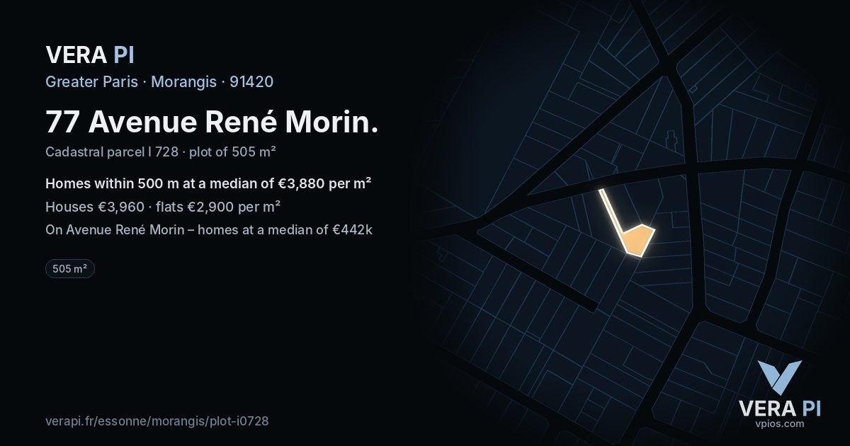 77 Avenue René Morin, Morangis at night – the plot lit, the parcels around coloured by the prices near them