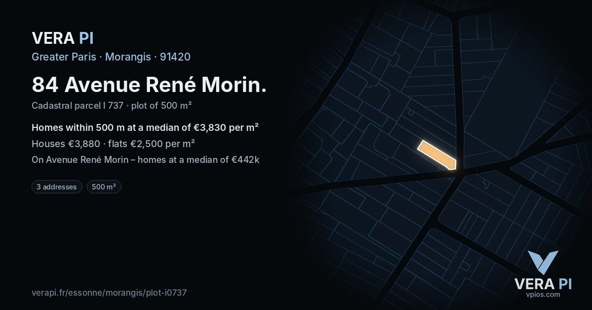 84 Avenue René Morin, Morangis at night – the plot lit, the parcels around coloured by the prices near them