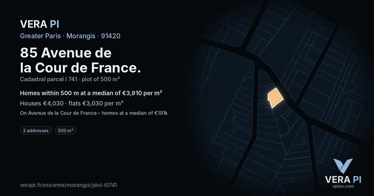85 Avenue de la Cour de France, Morangis at night – the plot lit, the parcels around coloured by the prices near them