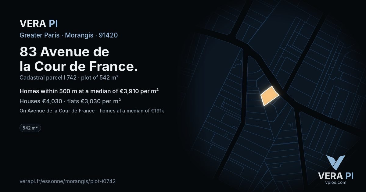 83 Avenue de la Cour de France, Morangis at night – the plot lit, the parcels around coloured by the prices near them