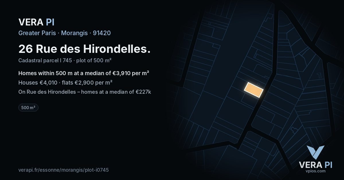 26 Rue des Hirondelles, Morangis at night – the plot lit, the parcels around coloured by the prices near them