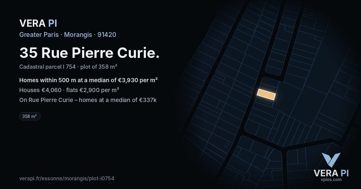 35 Rue Pierre Curie, Morangis at night – the plot lit, the parcels around coloured by the prices near them