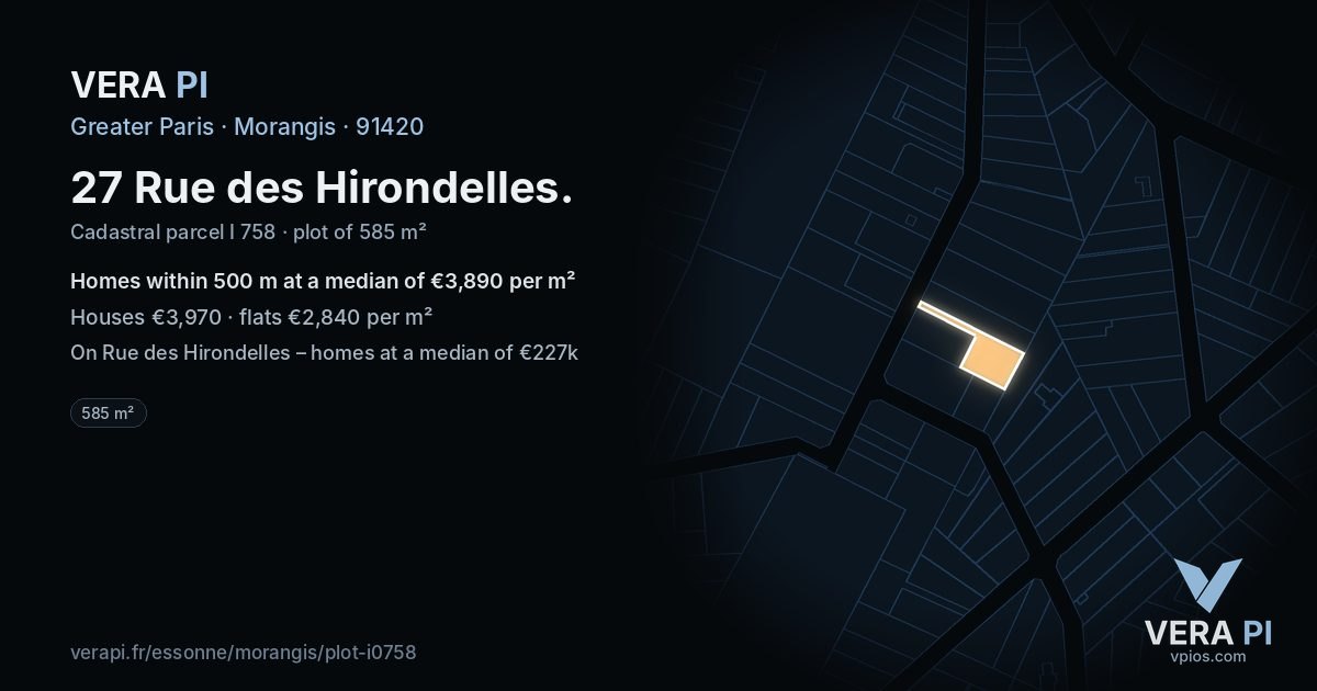 27 Rue des Hirondelles, Morangis at night – the plot lit, the parcels around coloured by the prices near them