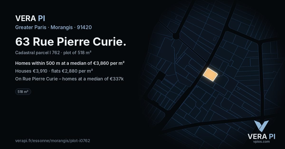63 Rue Pierre Curie, Morangis at night – the plot lit, the parcels around coloured by the prices near them