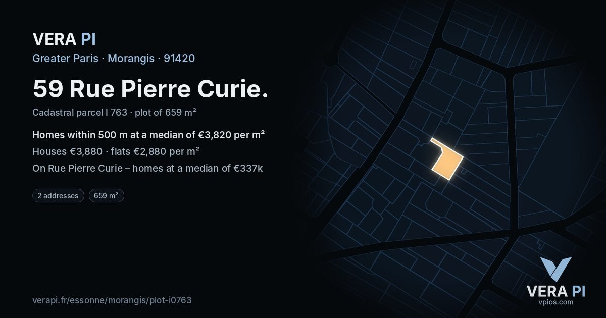 59 Rue Pierre Curie, Morangis at night – the plot lit, the parcels around coloured by the prices near them