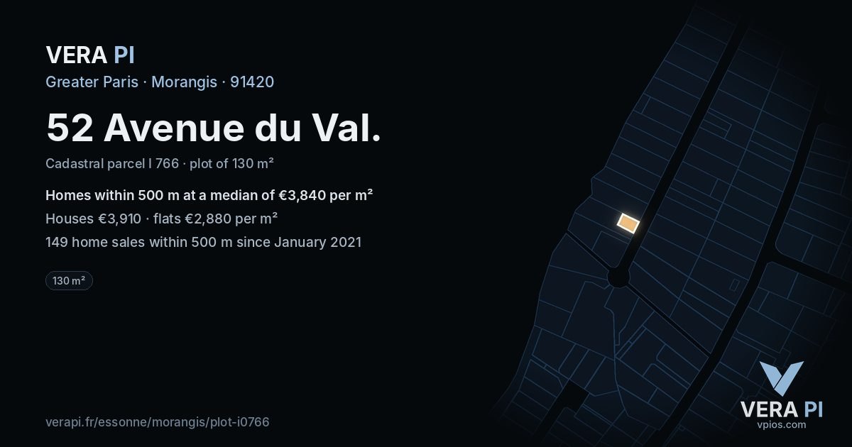 52 Avenue du Val, Morangis at night – the plot lit, the parcels around coloured by the prices near them