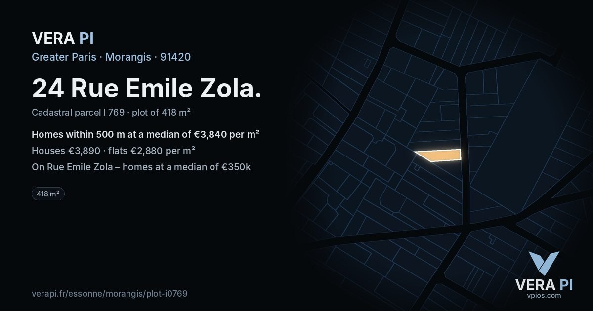 24 Rue Emile Zola, Morangis at night – the plot lit, the parcels around coloured by the prices near them