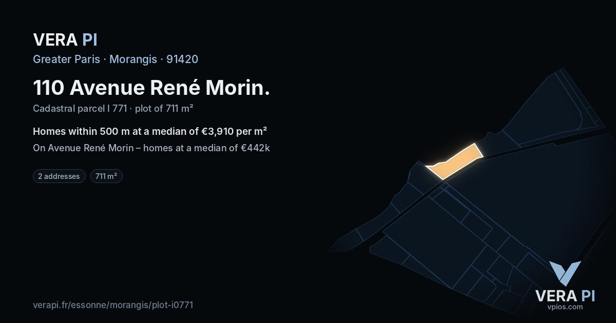 110 Avenue René Morin, Morangis at night – the plot lit, the parcels around coloured by the prices near them