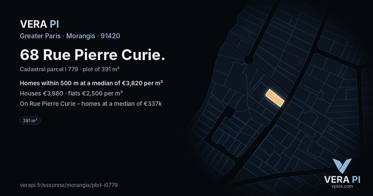 68 Rue Pierre Curie, Morangis at night – the plot lit, the parcels around coloured by the prices near them