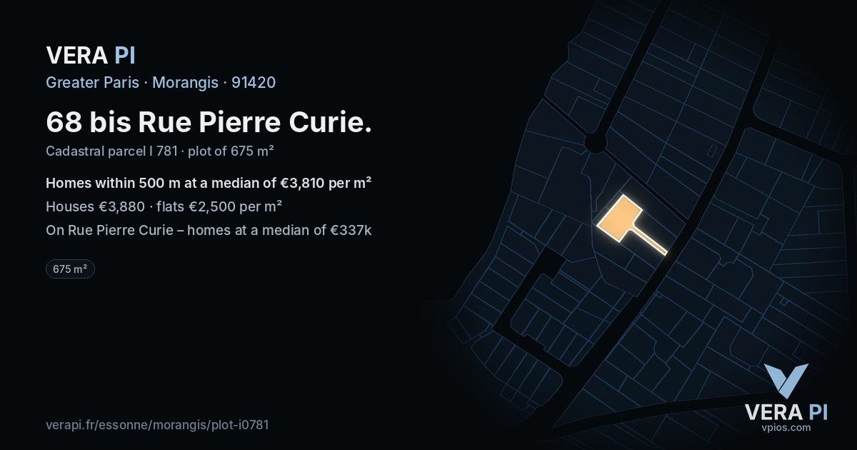 68 bis Rue Pierre Curie, Morangis at night – the plot lit, the parcels around coloured by the prices near them