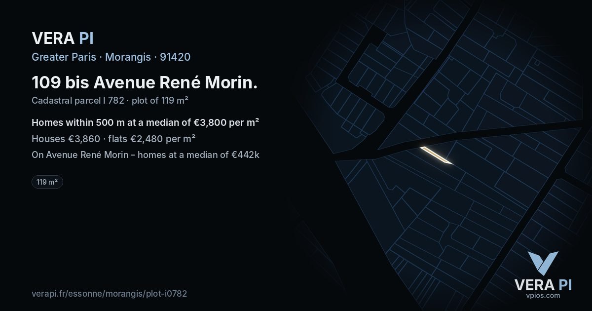 109 bis Avenue René Morin, Morangis at night – the plot lit, the parcels around coloured by the prices near them