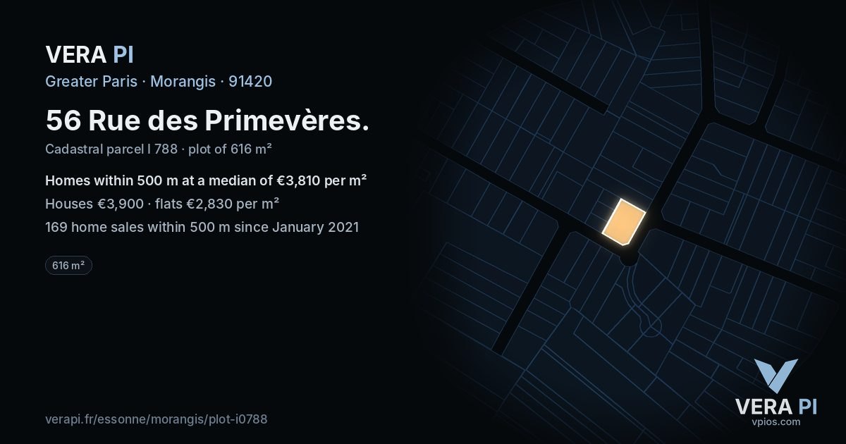 56 Rue des Primevères, Morangis at night – the plot lit, the parcels around coloured by the prices near them