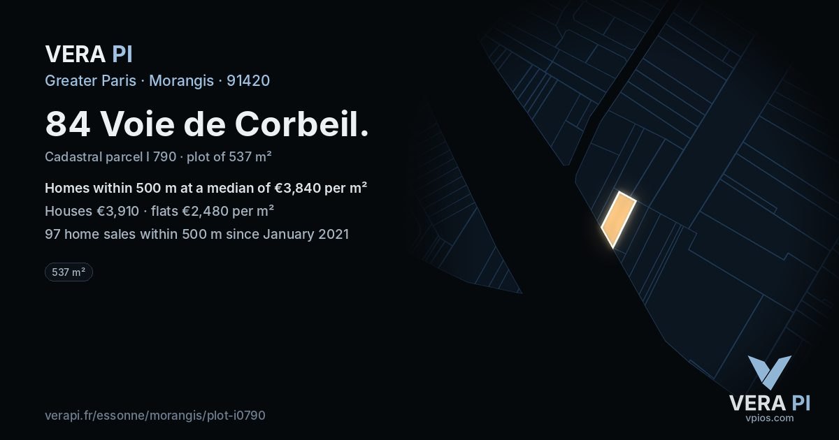 84 Voie de Corbeil, Morangis at night – the plot lit, the parcels around coloured by the prices near them
