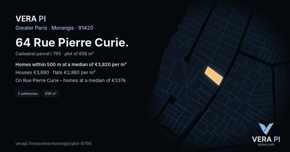 64 Rue Pierre Curie, Morangis at night – the plot lit, the parcels around coloured by the prices near them