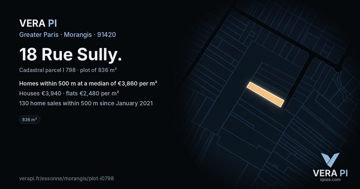 18 Rue Sully, Morangis at night – the plot lit, the parcels around coloured by the prices near them