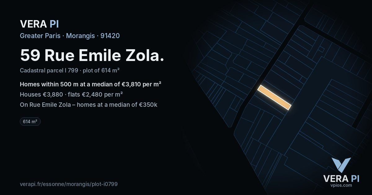59 Rue Emile Zola, Morangis at night – the plot lit, the parcels around coloured by the prices near them