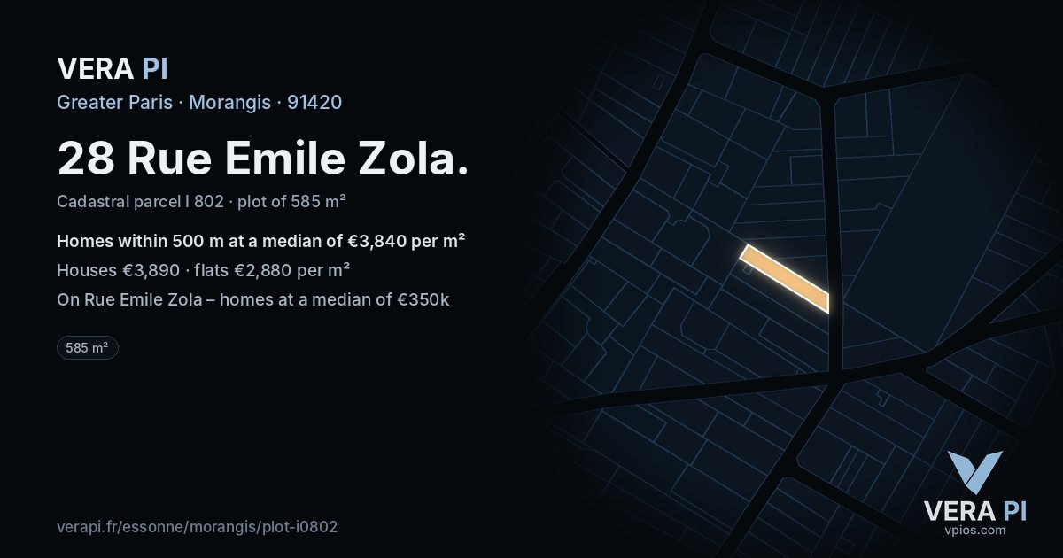 28 Rue Emile Zola, Morangis at night – the plot lit, the parcels around coloured by the prices near them