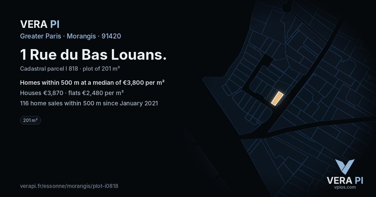 1 Rue du Bas Louans, Morangis at night – the plot lit, the parcels around coloured by the prices near them